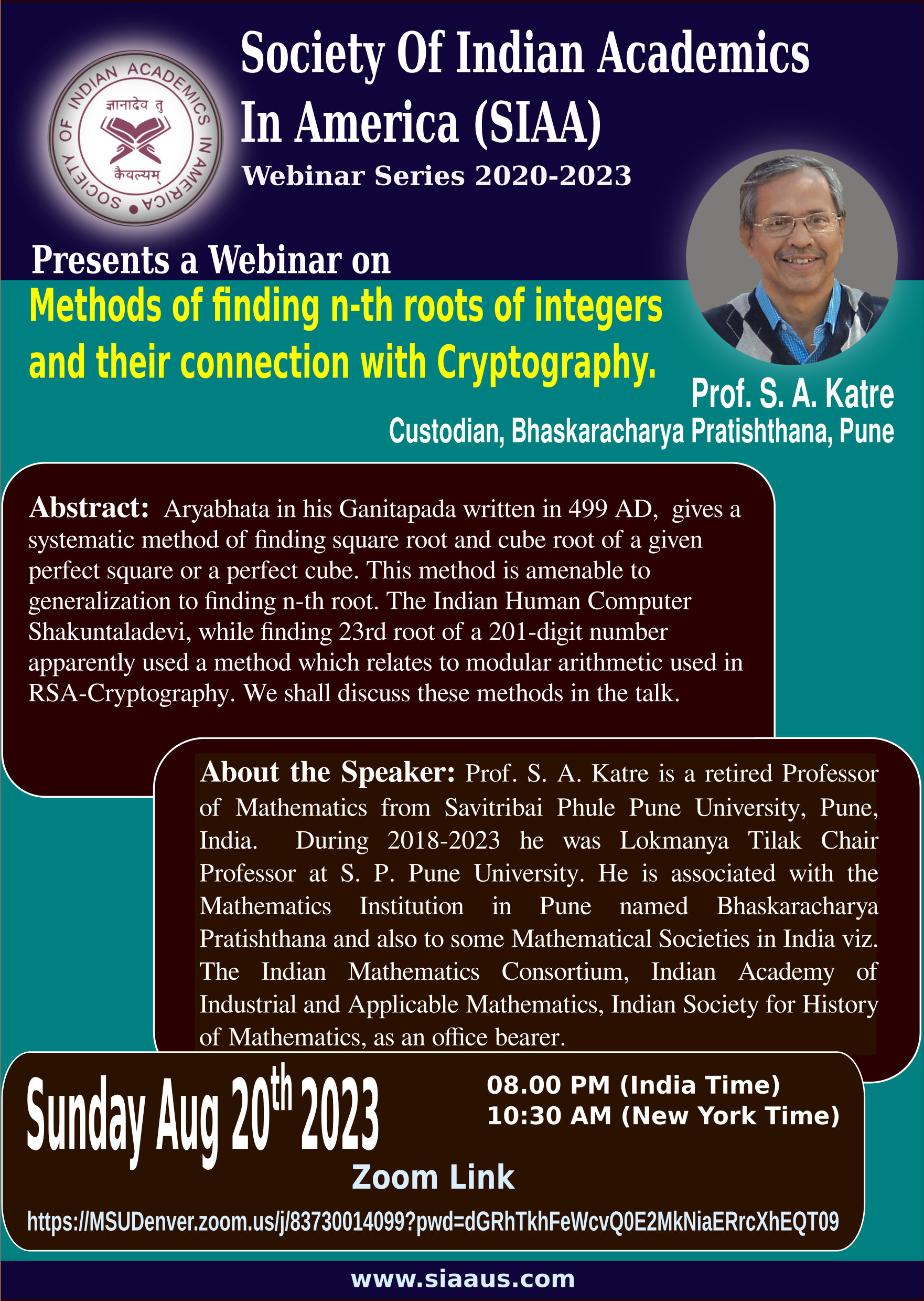 Poster Webinar 20th Aug 2023 - Methods of finding n-th roots of integers and their connection with Cryptography