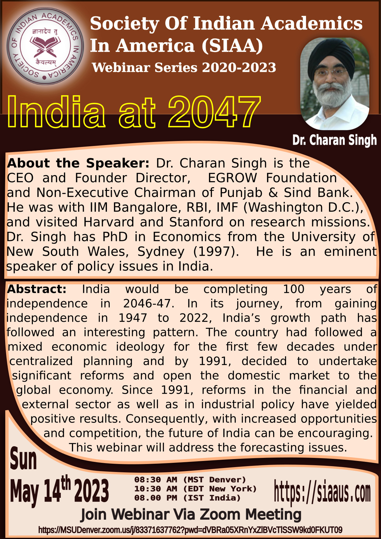 Poster for webinar 14th May 2023 - India at 2047