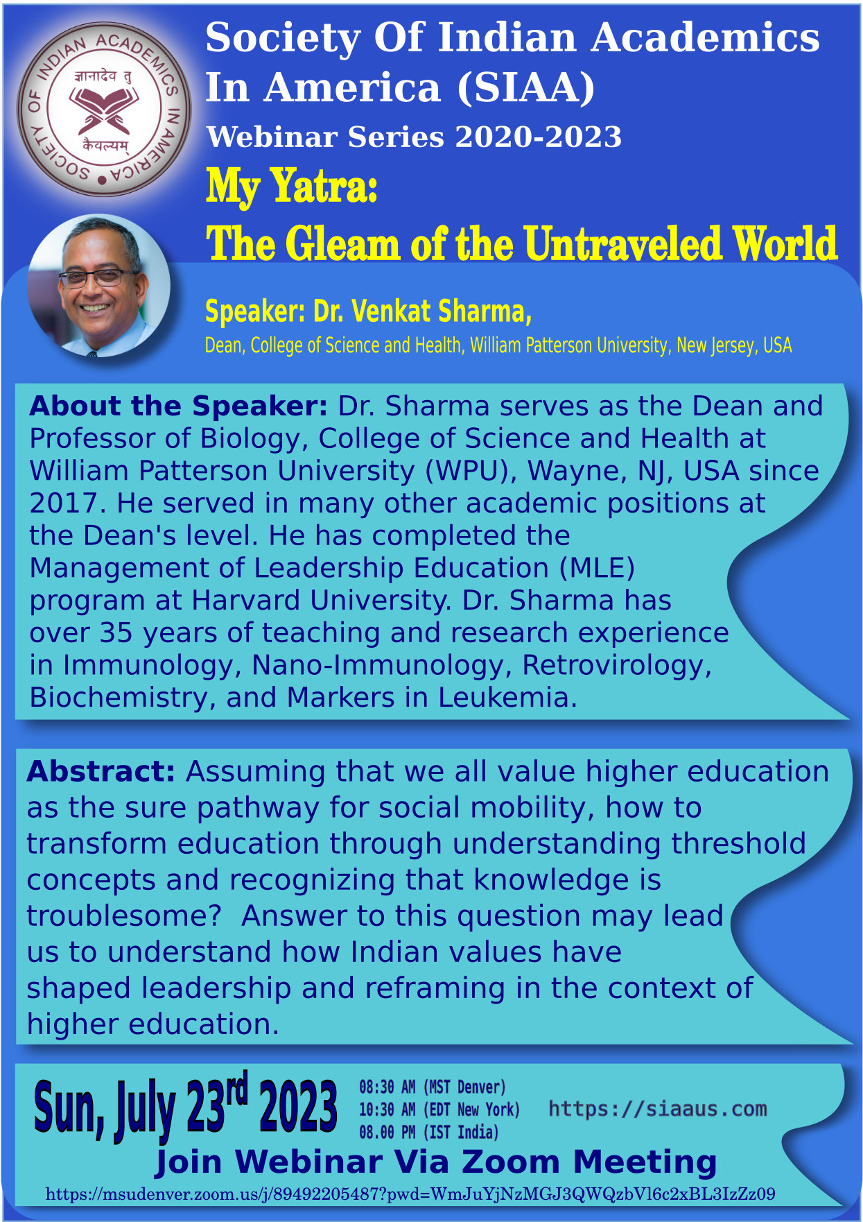 Poster Webinar 23rd July 2023 - My Yatra: The Gleam of the Untraveled World By Dr. Venkat Sharma