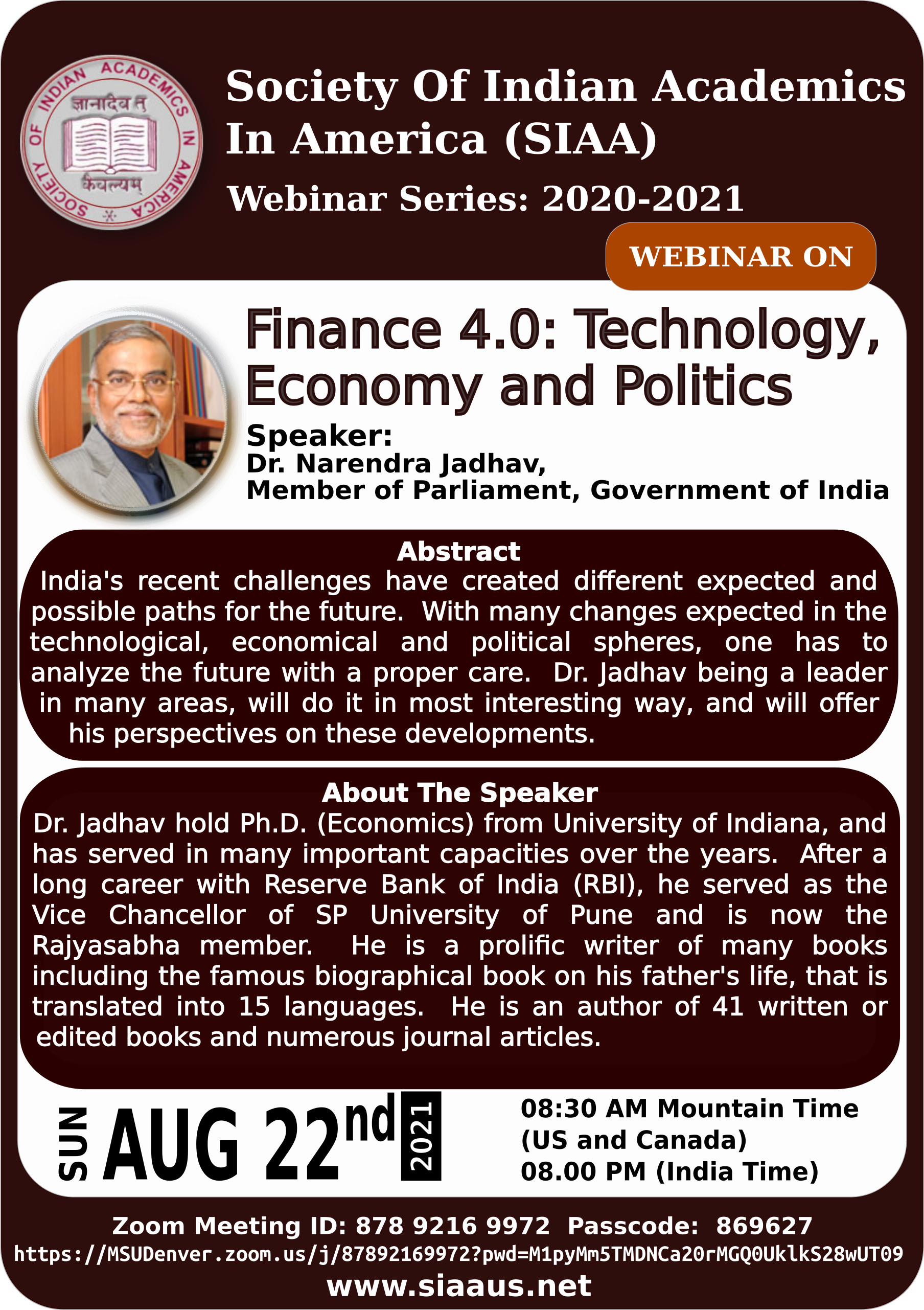 webinar poster aug 2021 - Finance 4.0: Technology, Economy and Politics