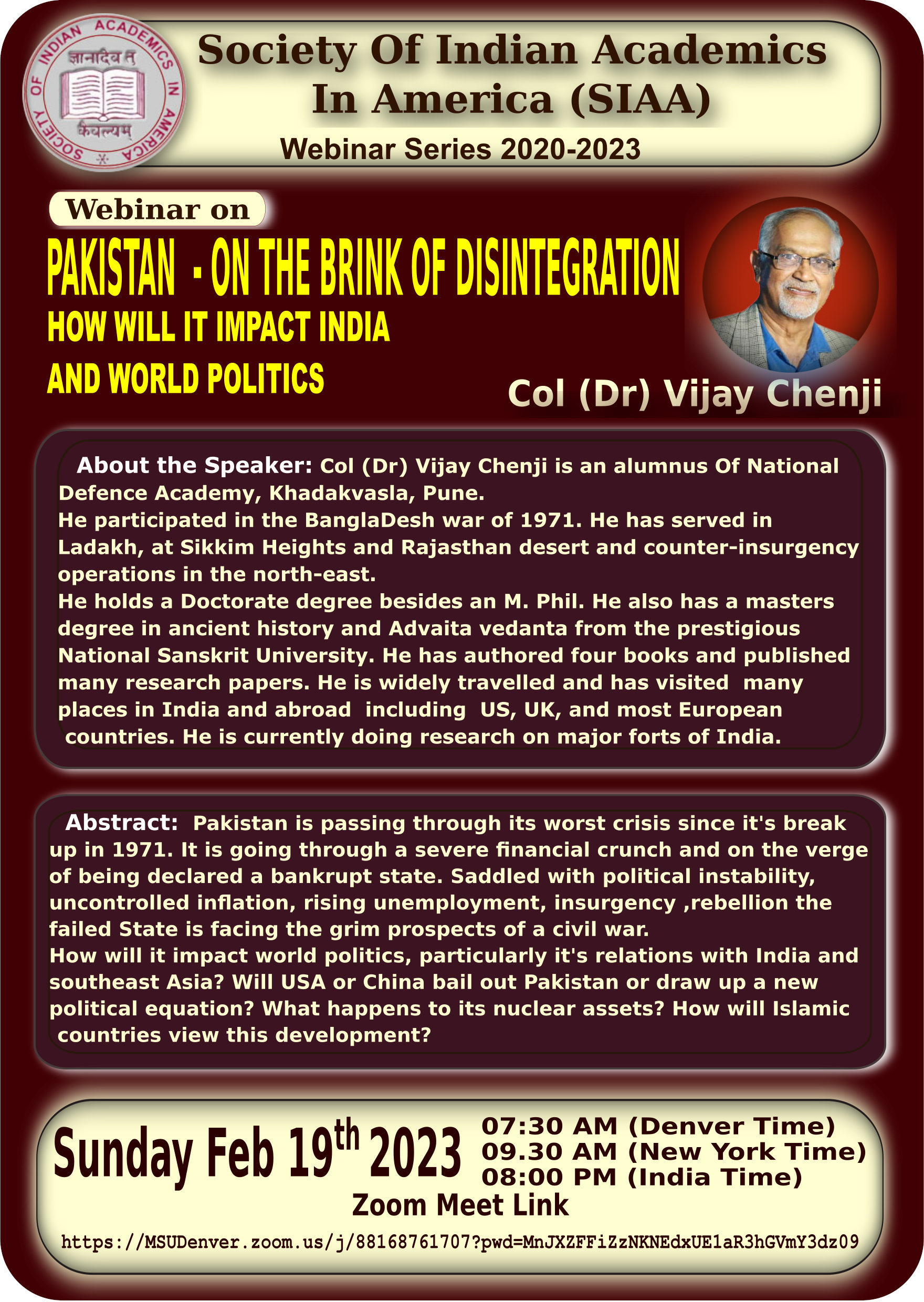 Webinar Poster 19 Feb 2023 - Pakistan - On The Brink Of Disintegration. How Will It Impact India And World Politics